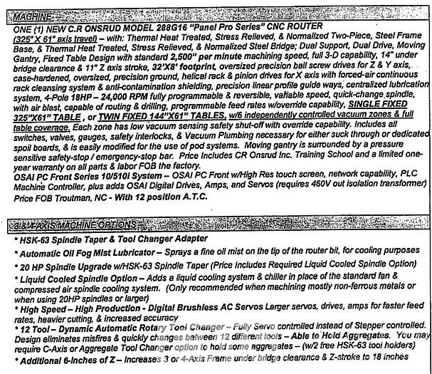 Used 2006 CR Onsrud Model 288G16 Panel Pro CNC Router
