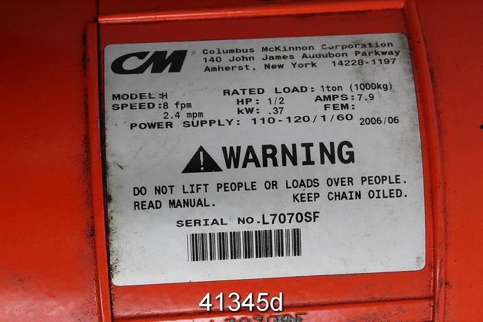 Used Columbus Mckinnon Model H Crane, Cap 1 Ton #41345