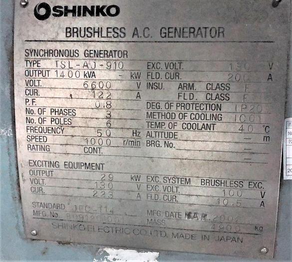 Used 1.18 MW 2002 Used Mitsubishi S6U2-PTA HFO Generator Set
