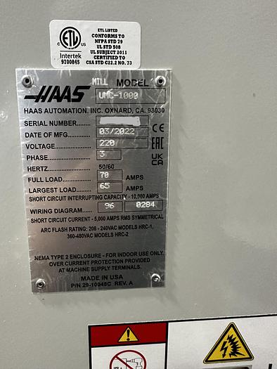 Used 2022 HAAS UMC-1000 5-Axis 15,000 RPM Machining Center