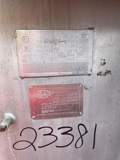 Used 1985 RIETZ BEPEX Ribbon Blender Surge Tank C-46-K3210