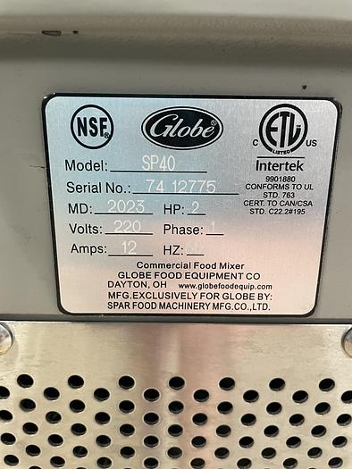 Used 2023 GLOBE Food Equipment 2023 SP40 40 Quart Planitary Mixer