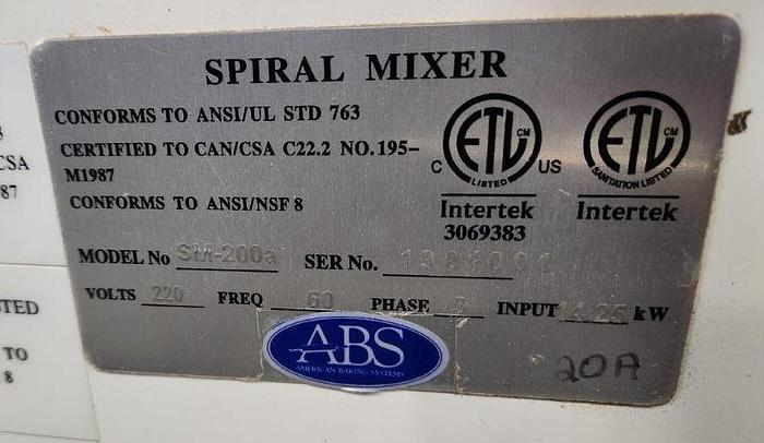 Used Spiral Mixer | Used American Baking Systems  200-A Spiral Dough Mixer
