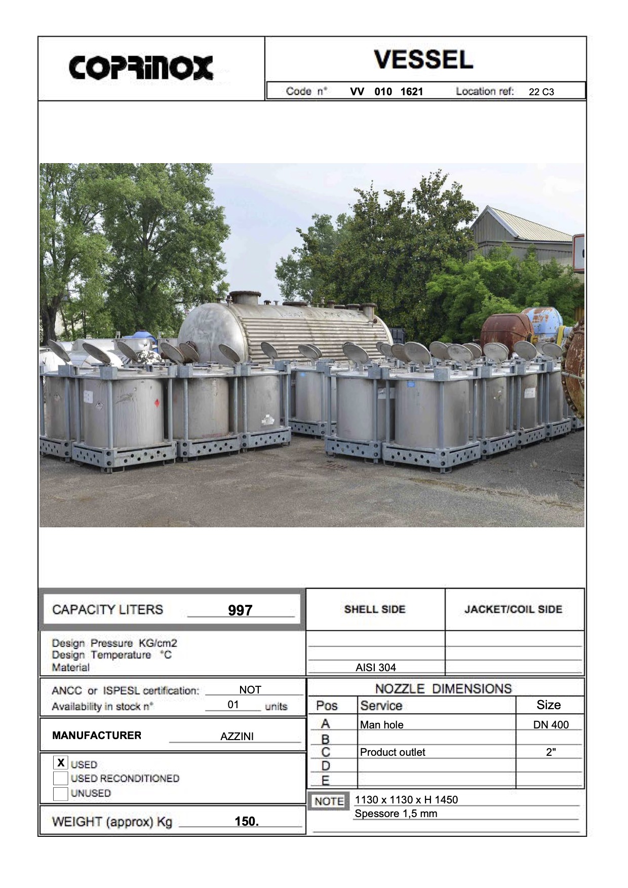 Used Serbatoio palettizzato da 997 litri in AISI 304