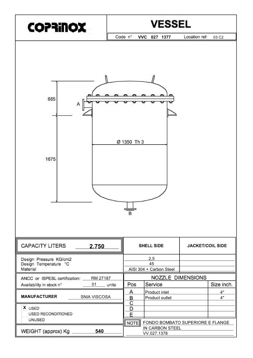 Usato Serbatoio SNIA VISCOSA da 2750 Litri