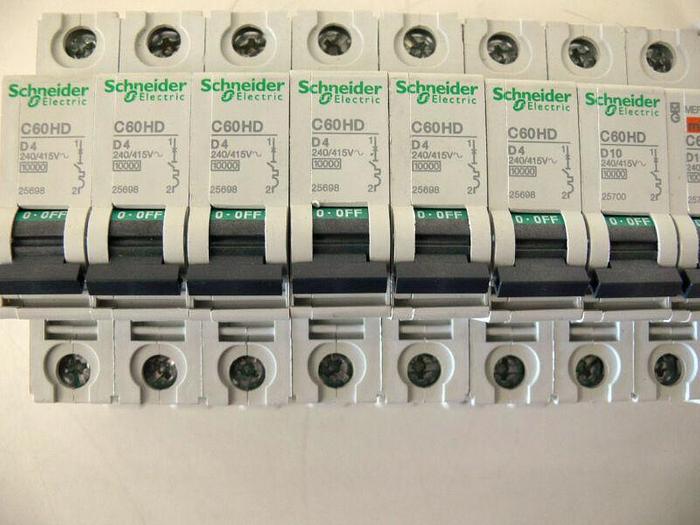 Used Lot of 9 Circuit Breakers, 7 Shneider Electric, 1 Merlin Gerin, & 1 ABB