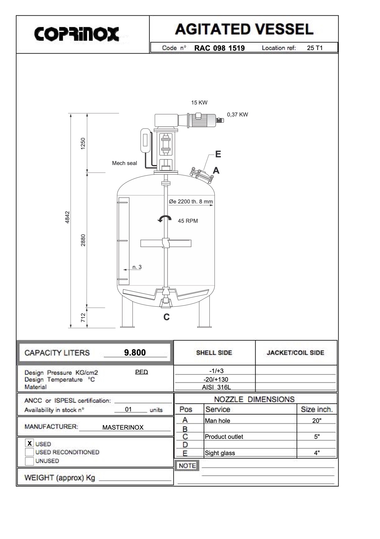 Usato Recipiente agitato da 9.800 litri