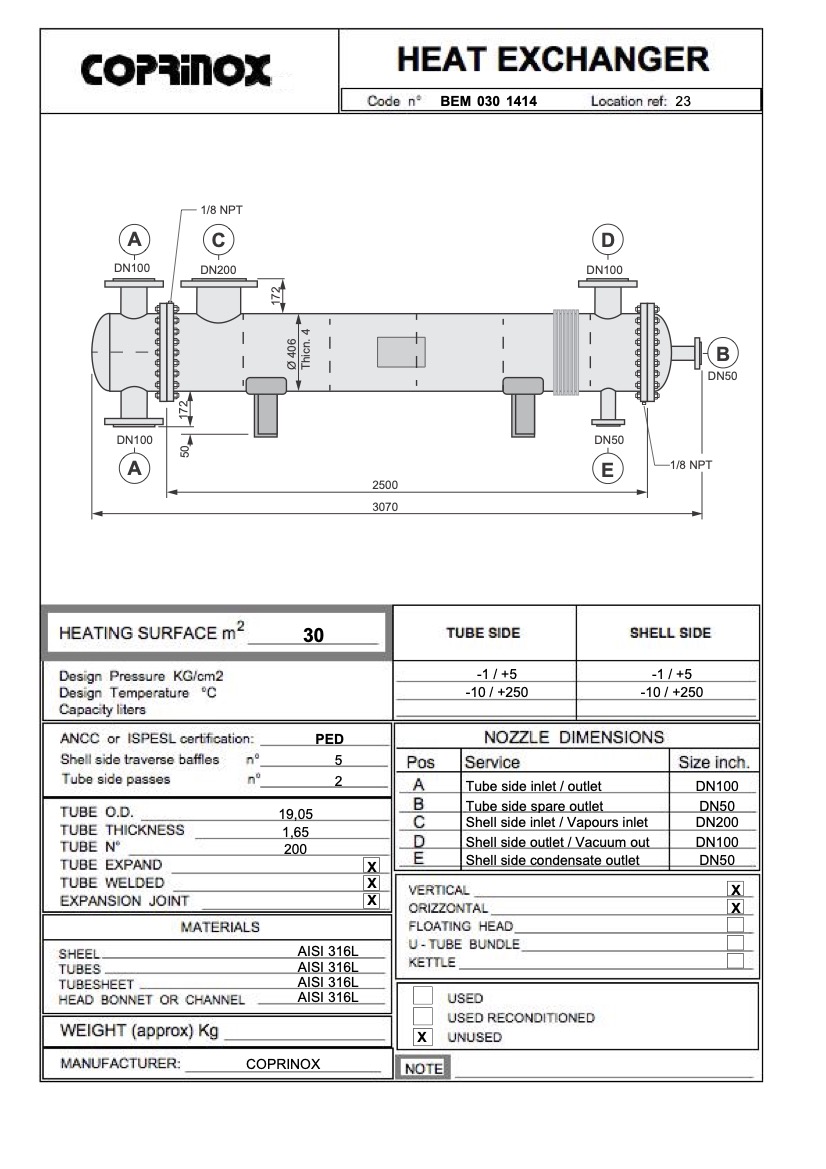 Scambiatore / Condensatore NUOVO, 30 m2, AISI 316L