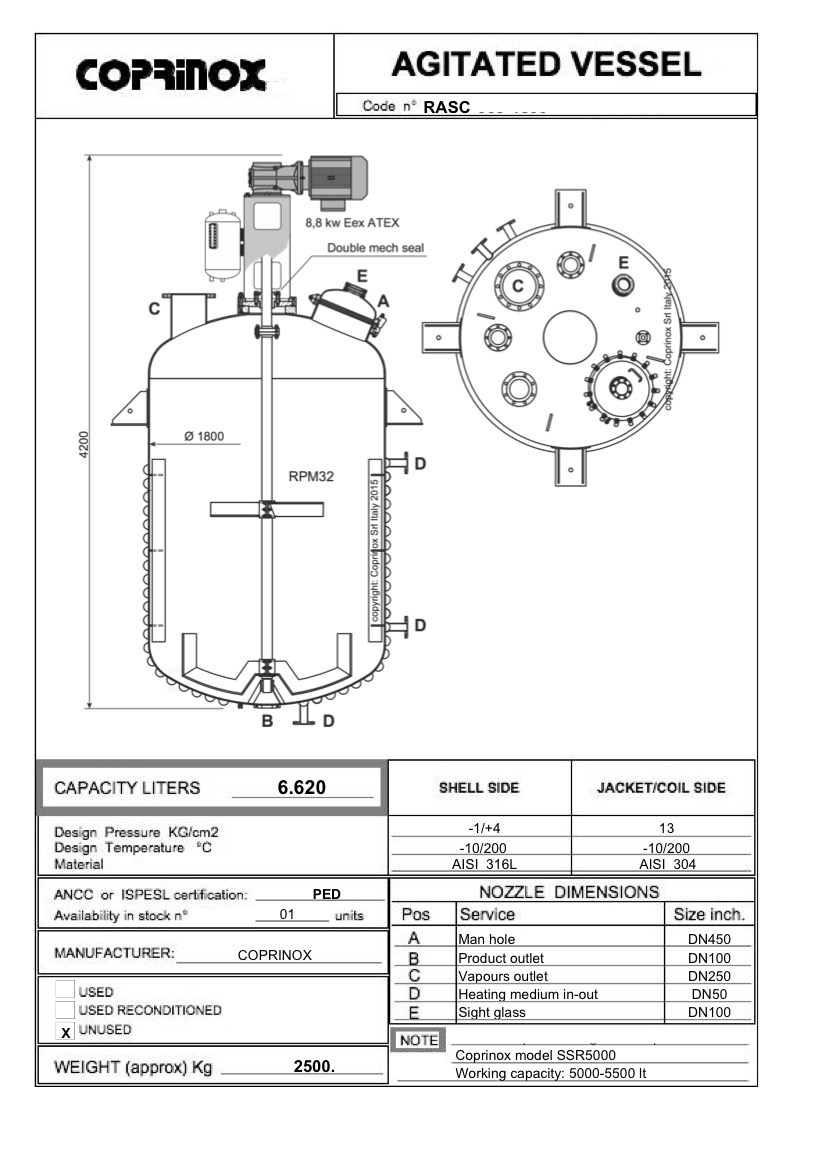 Reattore COPRINOX SSR5000 6.600 lt totali, AISI316L. Disponibile da Dicembre 2023 e già prenotabile
