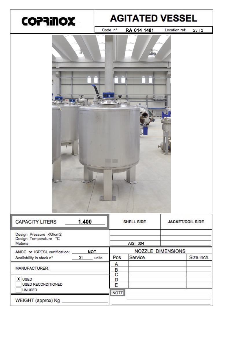 Usato Recipiente agitato da 1400 litri