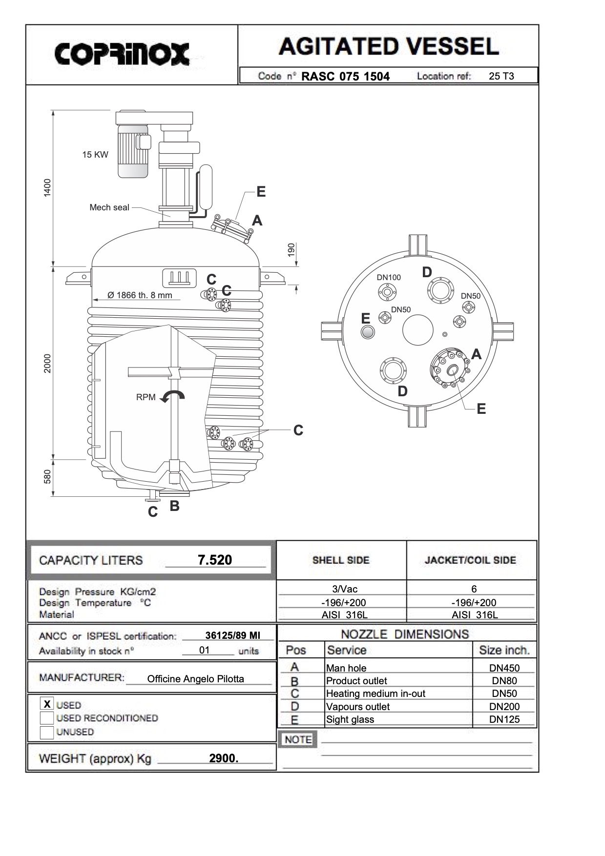 Usato Reattore Angelo Pilotta 7,5 m3 AISI316L