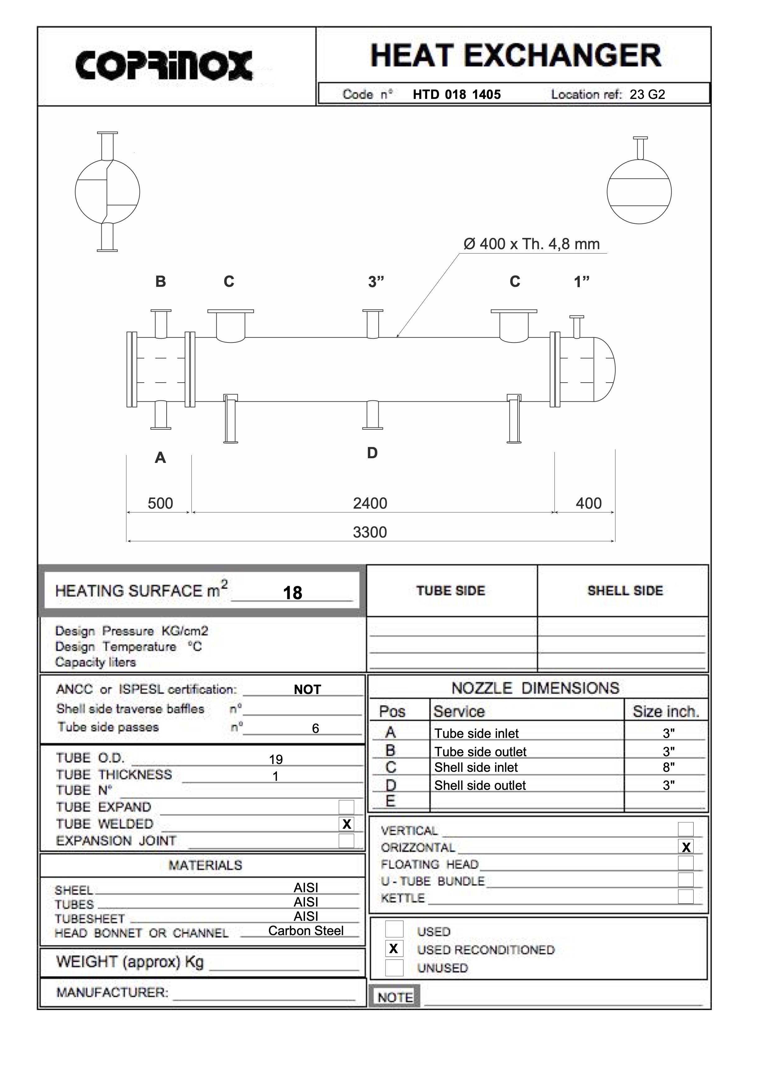 Ricondizionato Scambiatore di calore a fascio tubeiro da 18 metri quadrati
