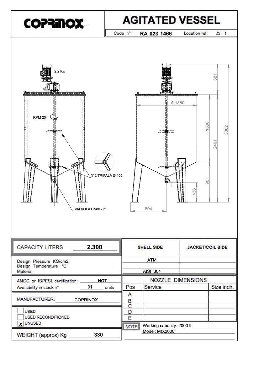 COPRINOX MIX2000 miscelatore per liquidi 2000 litri AISI304