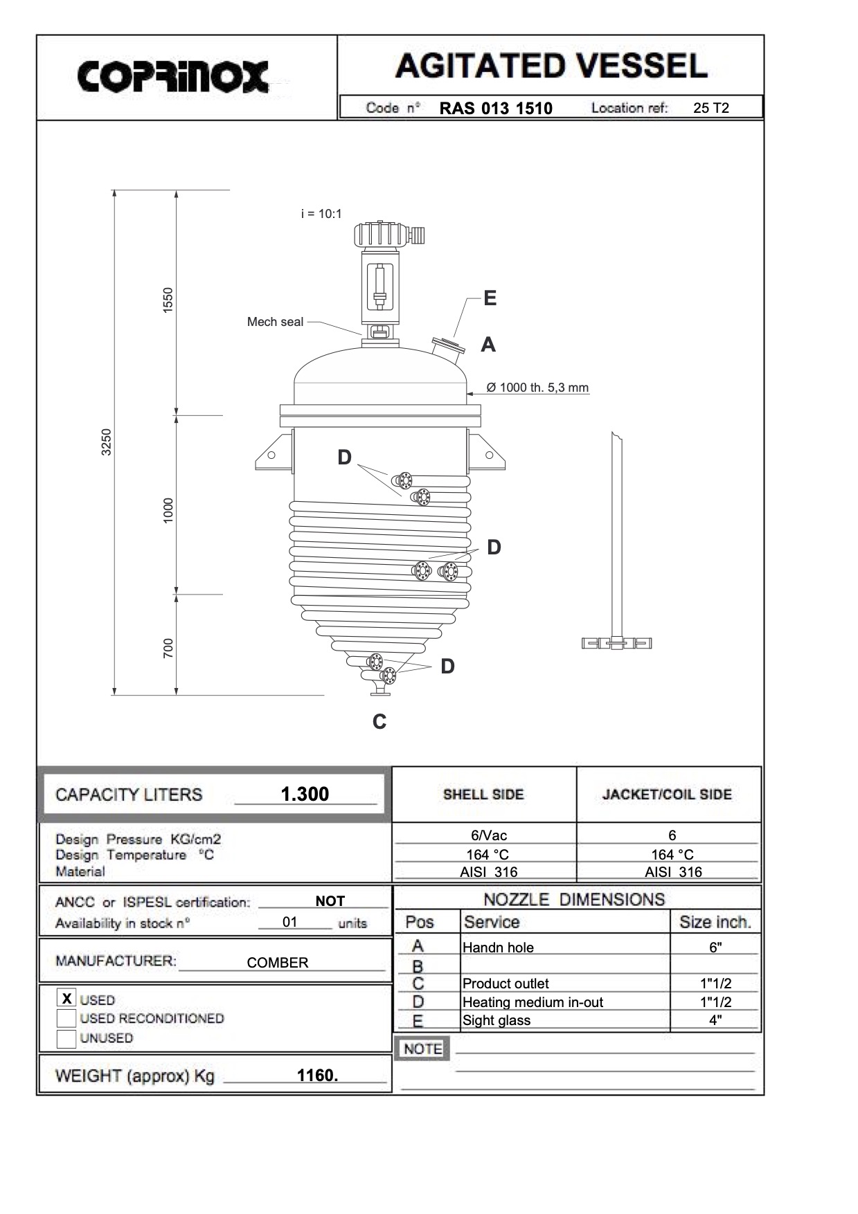 Usato Recipiente agitato incamiciato da 1.300 litri