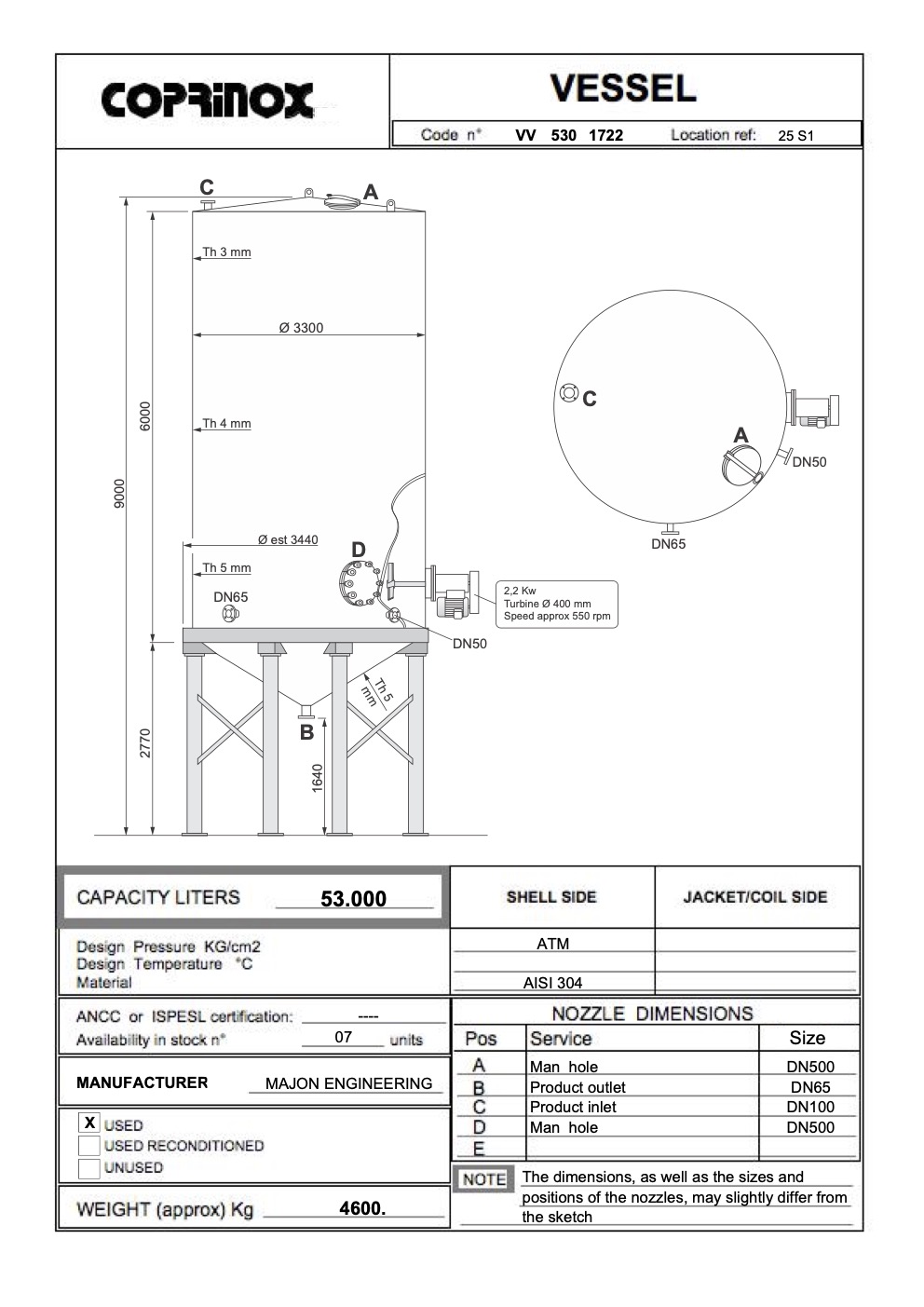 Usato Serbatoio verticale 53 m3 in acciaio inox AISI304, agitatore laterale