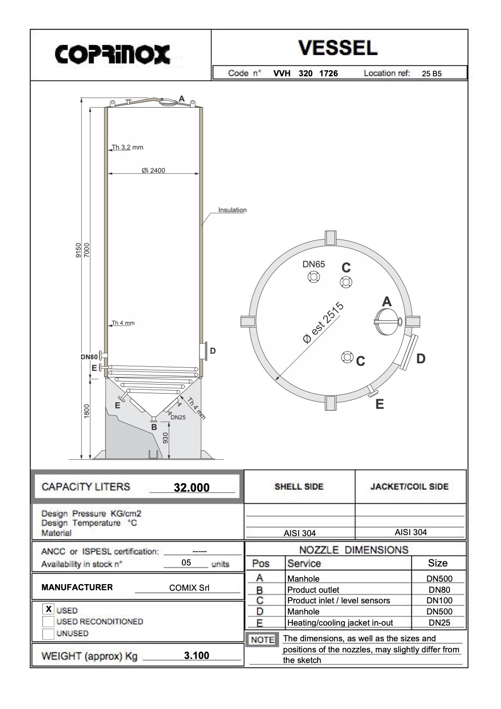 Usato Serbatoio verticale da 32 m3 con serpentino interno