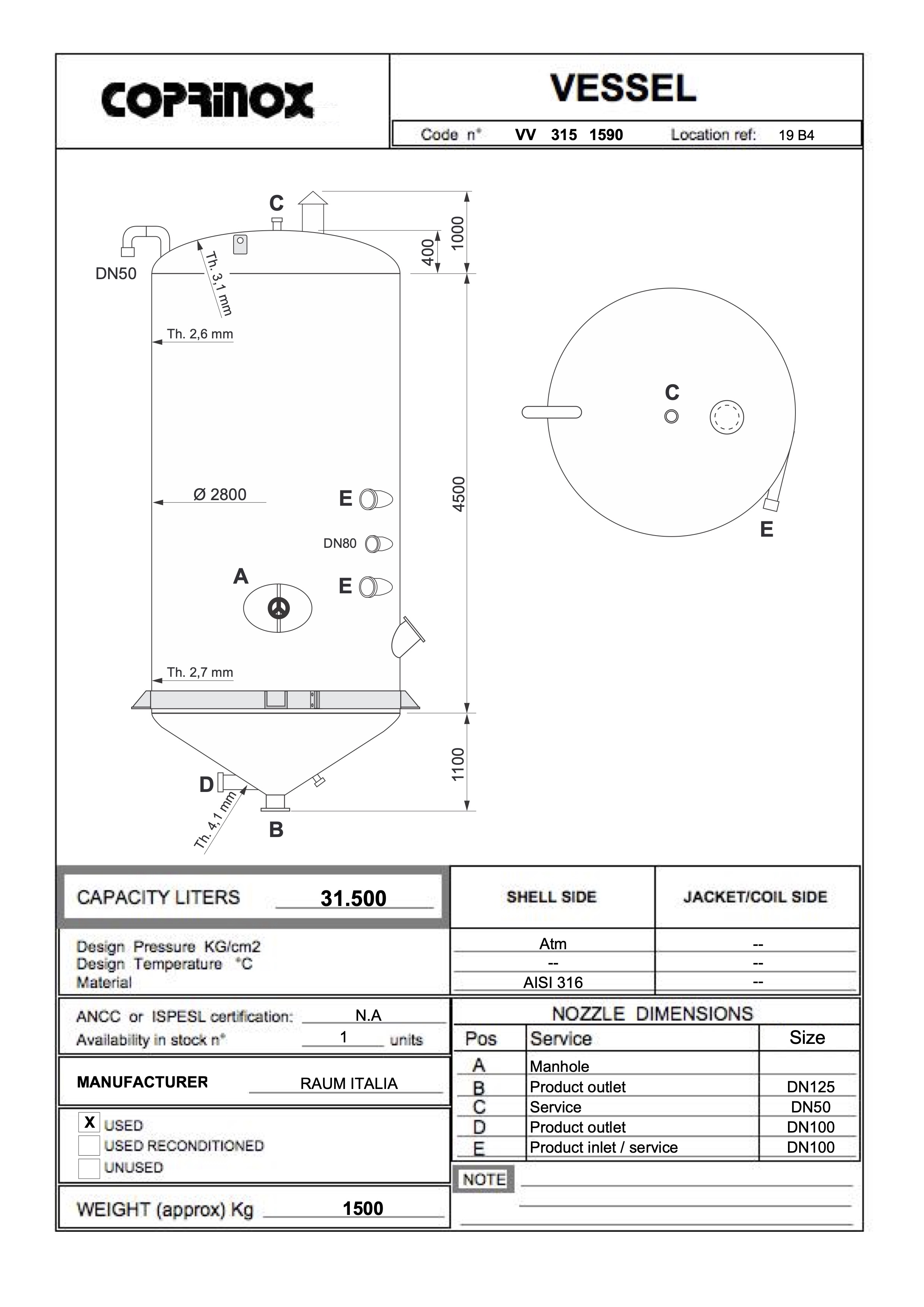 Usato Serbatoio con fondo conico, da 31500 litri, con agitatore laterale