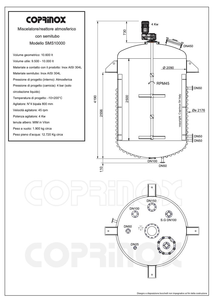 Miscelatore / reattore con semitubo, 10.000 lt AISI304L (disponibile da Dicembre 2023)