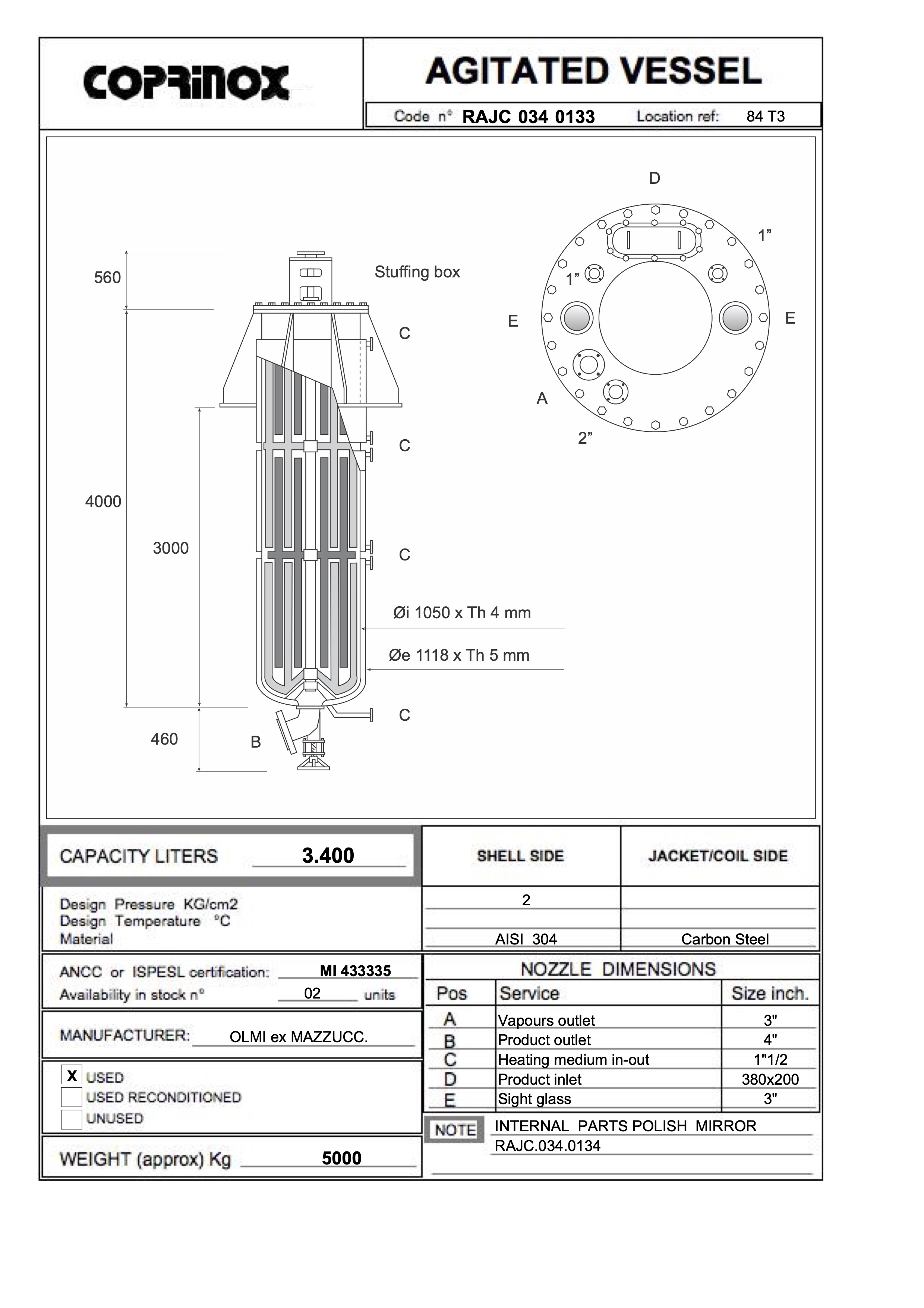 Usato Reattore OLMI ex MAZZUCC. da 3400 Litri
