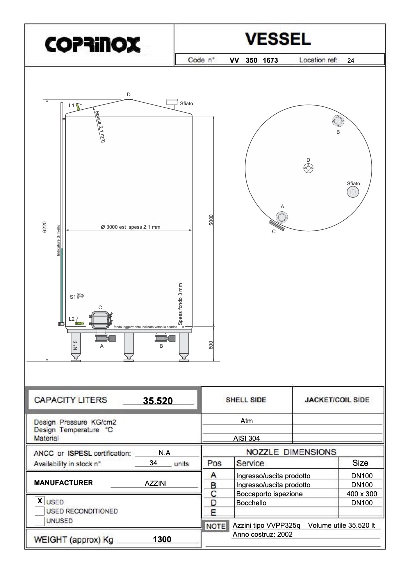 Usato Serbatoio da 35 m3 in acciaio inox AISI304 (oltre 30 disponibili)
