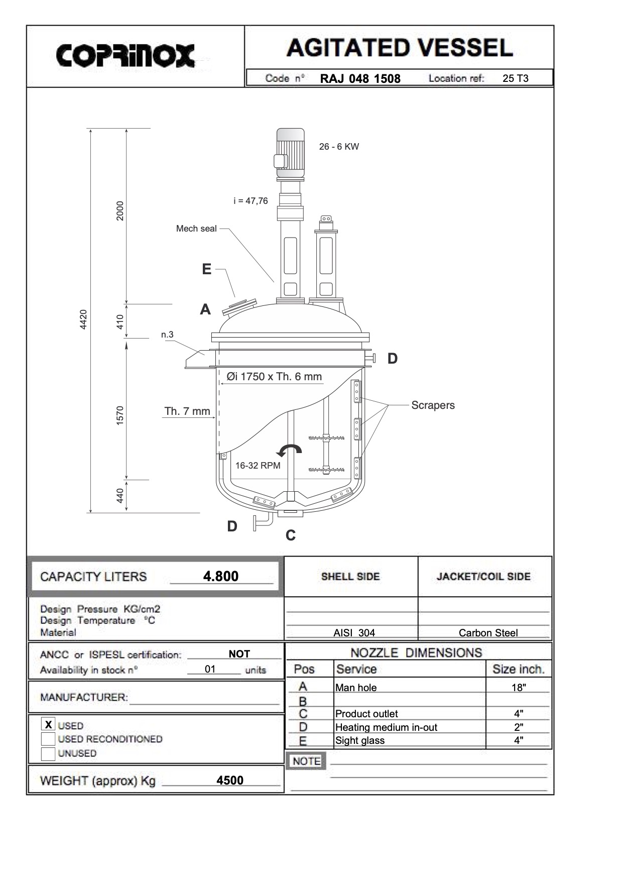 Usato Recipiente agitato incamiciato da 5.000 litri