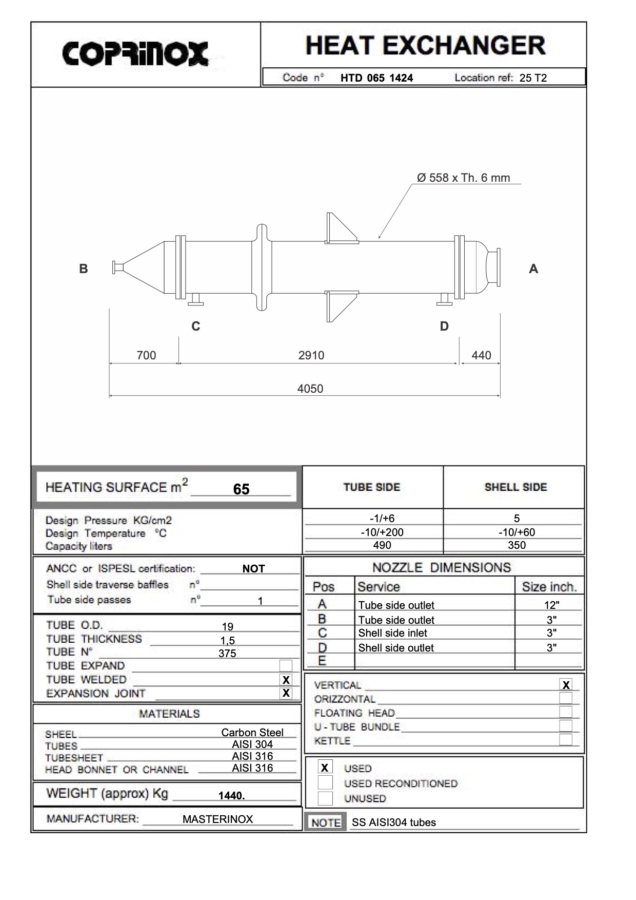Usato Scambiatore di calore a fascio tubiero da 64 m2