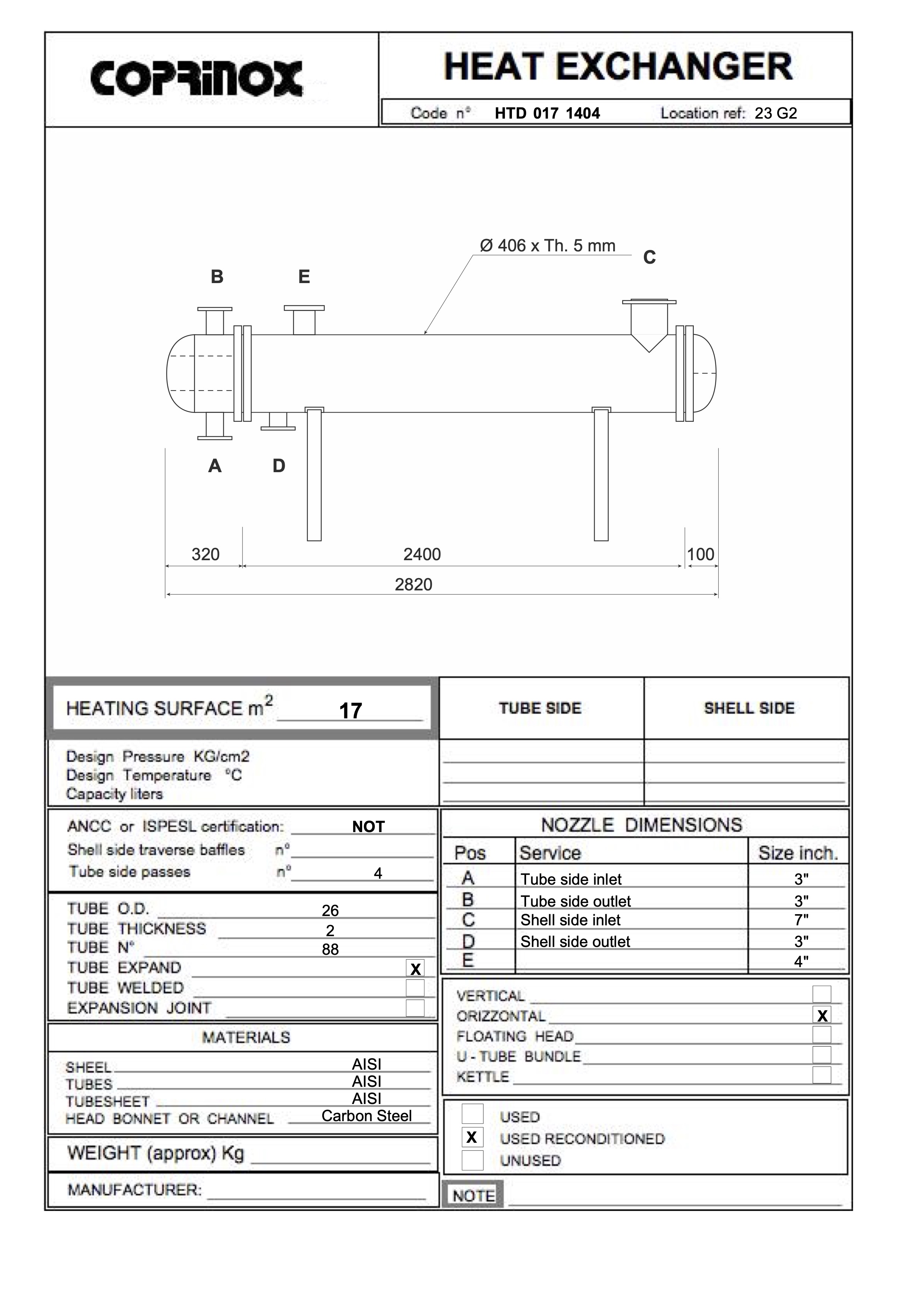 Ricondizionato Scambiatore di calore a fascio tubeiro da 17 metri quadrati