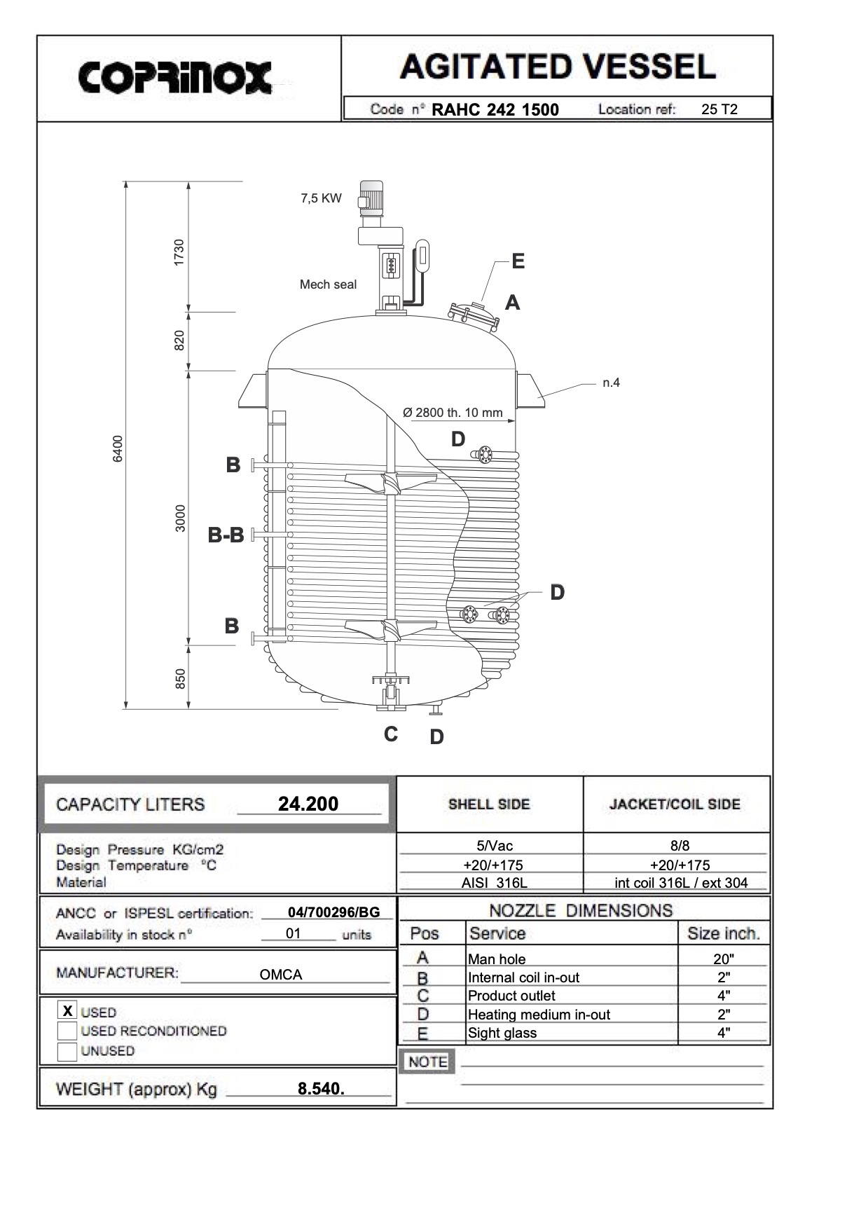 Usato Reattore OMCA da 24.200 litri con serpentino interno