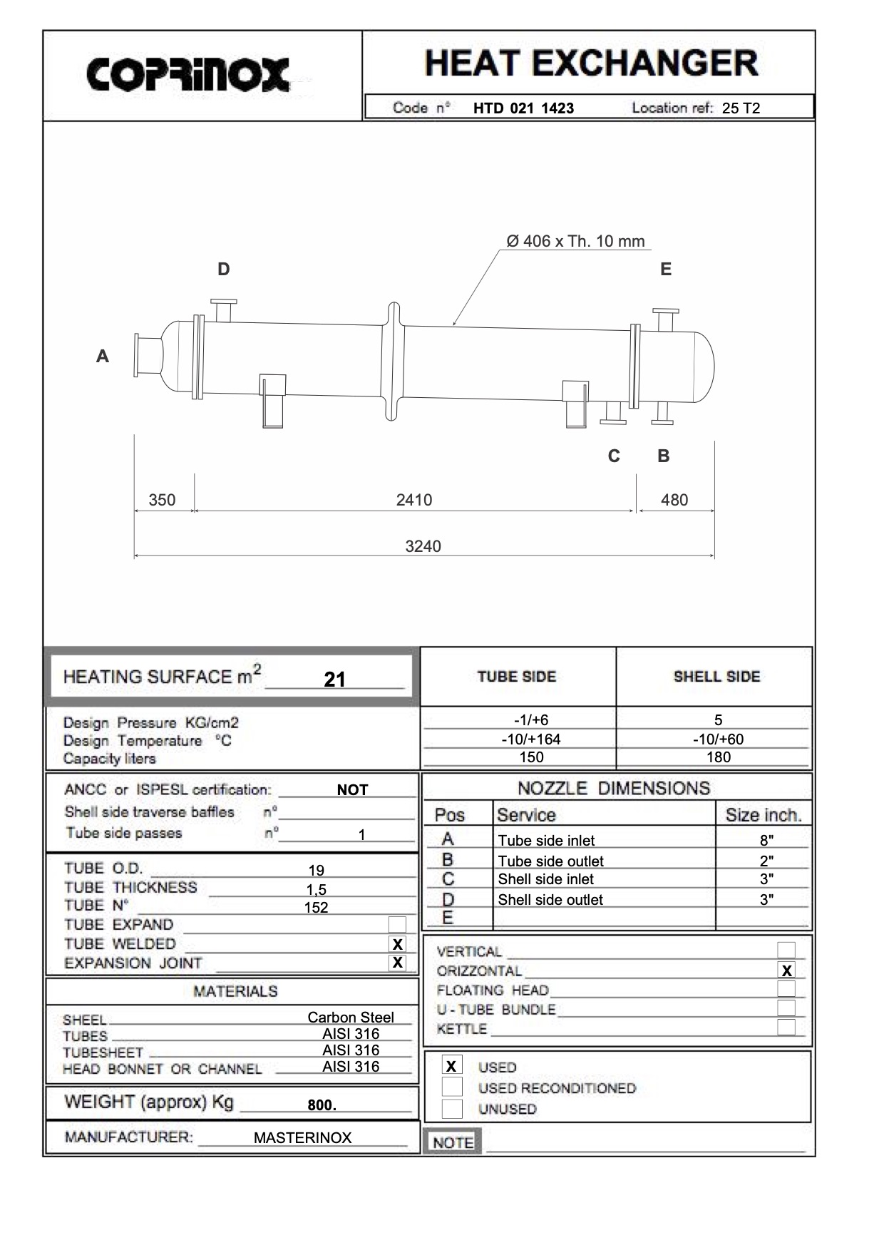 Usato Scambiatore di calore a fascio tubiero da 21 m2