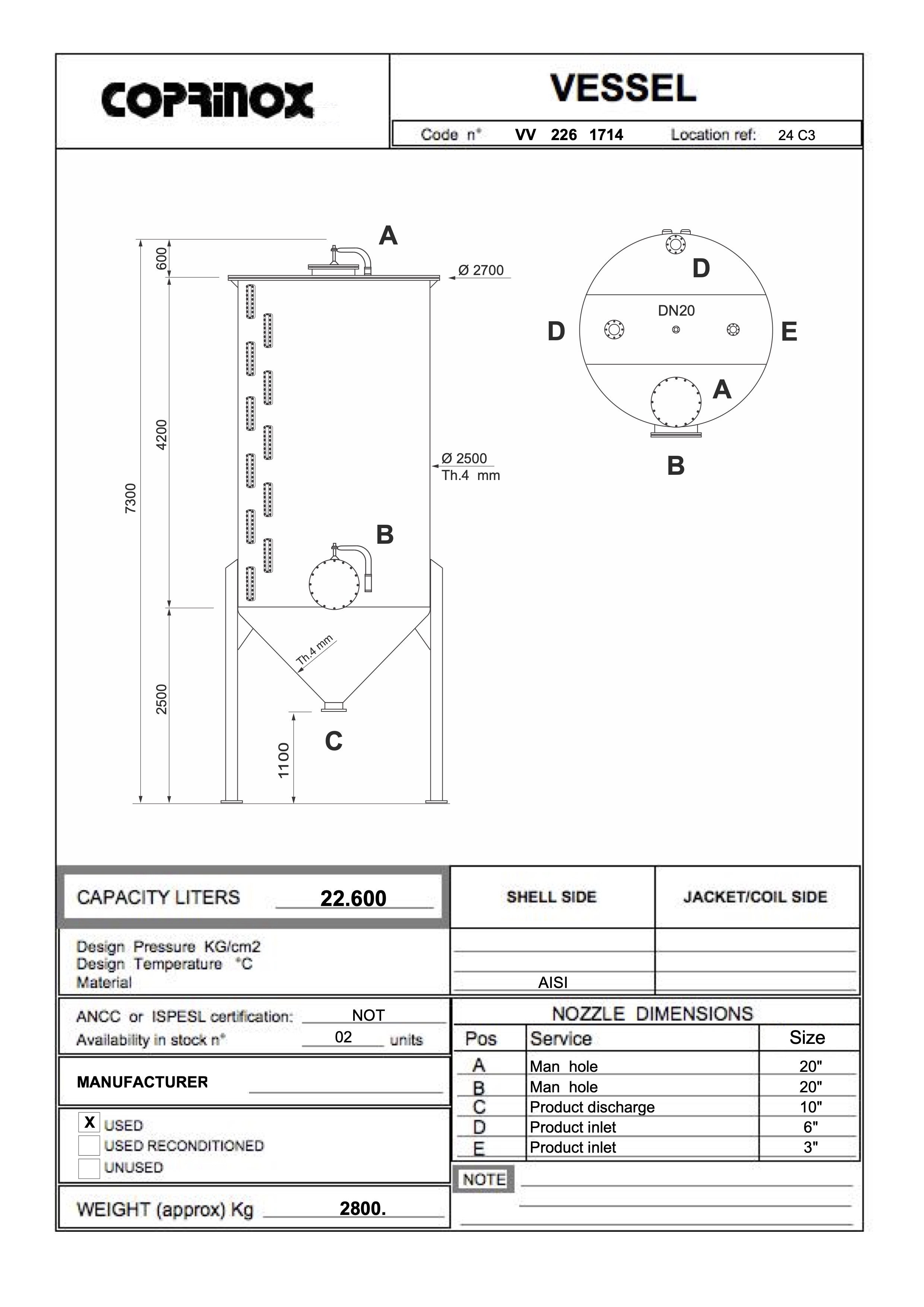 Usato Serbatoio verticale da 22,6 mc a fondo conico