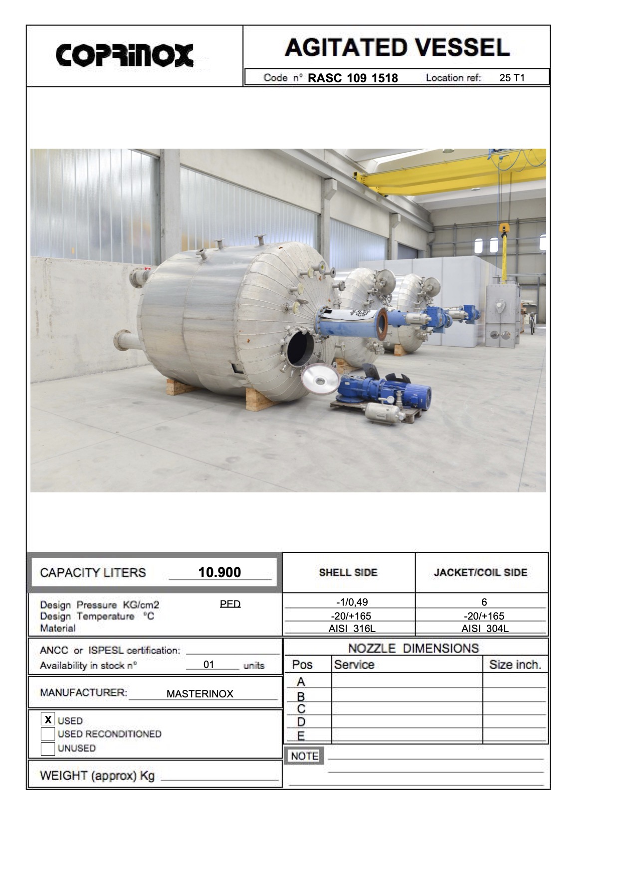 Usato Reattore da 10.900 litri consemitubo esterno