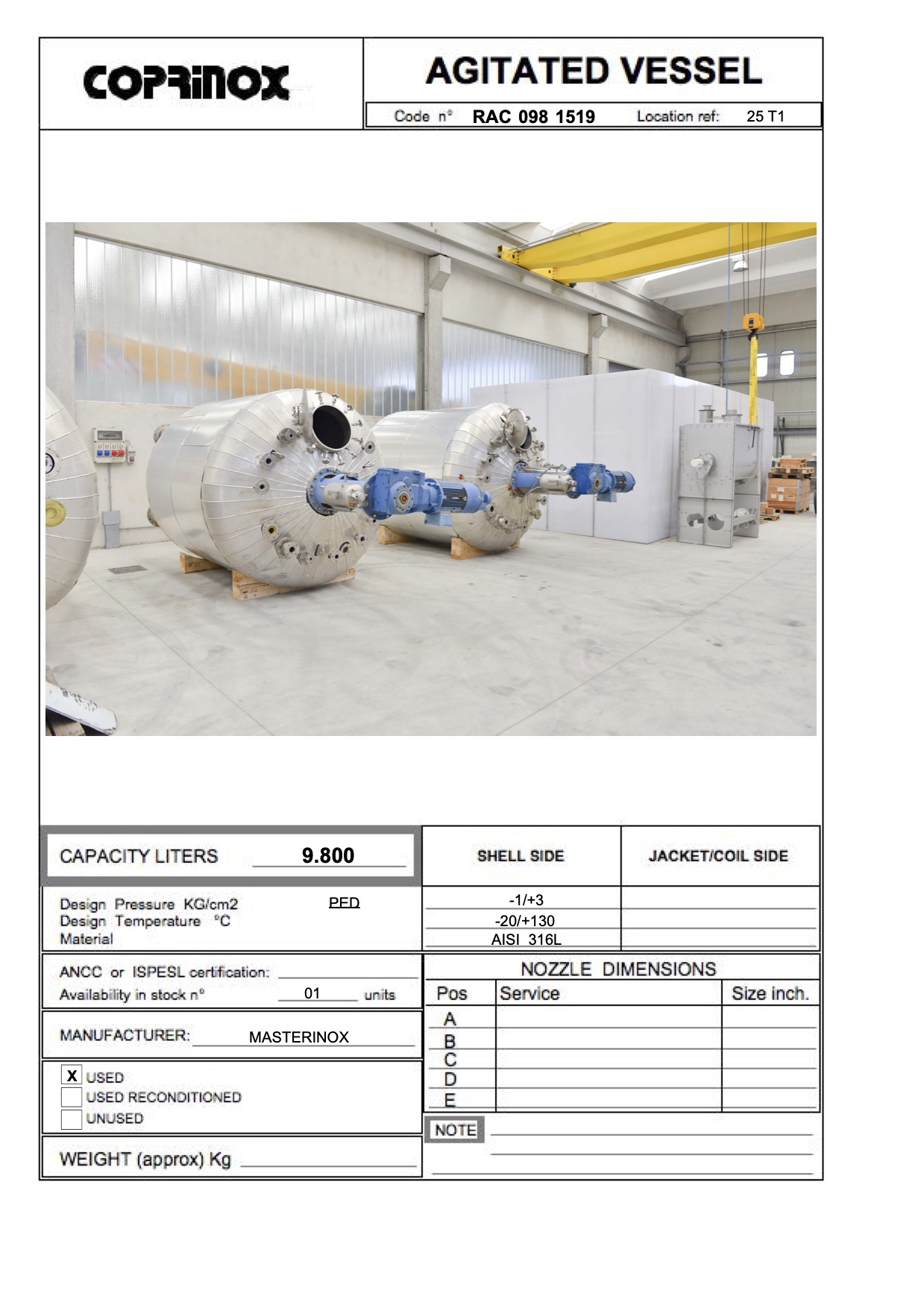 Usato Reattore da 10.900 litri consemitubo esterno