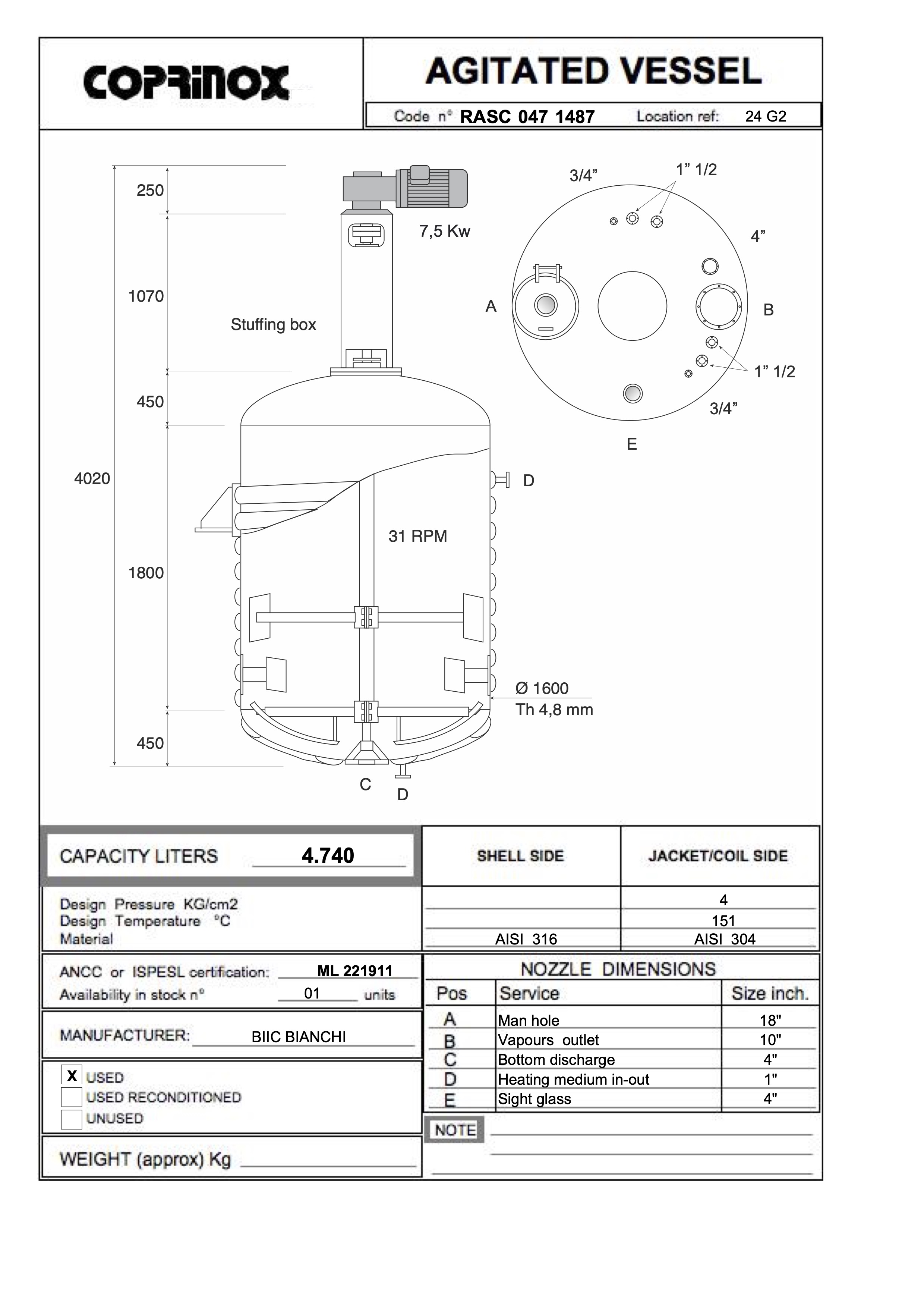 Usato Recipente agitato da 4.740 litri con semitubo esterno