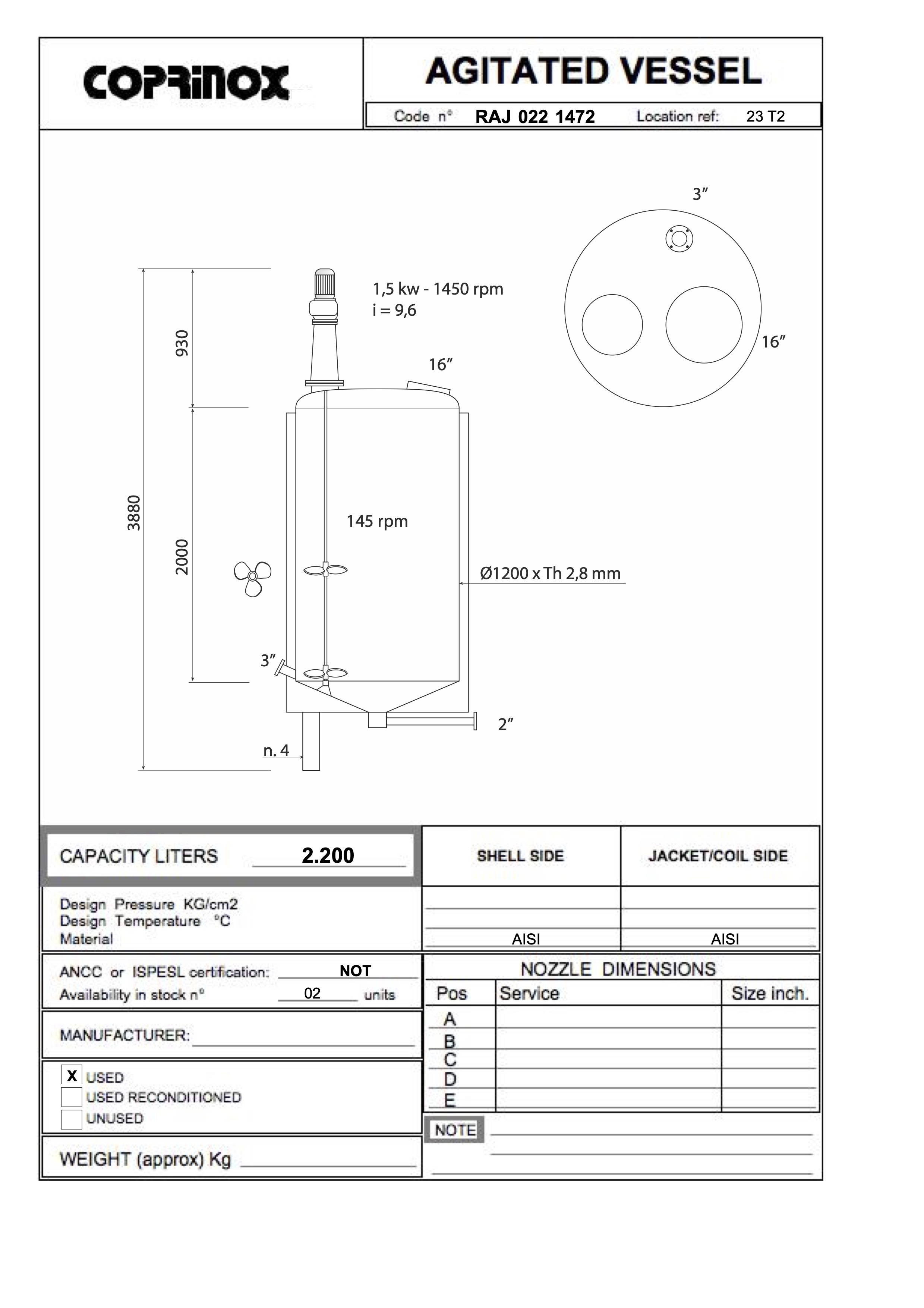 Usato Recipiente agitato incamiciato da 2.200 litri