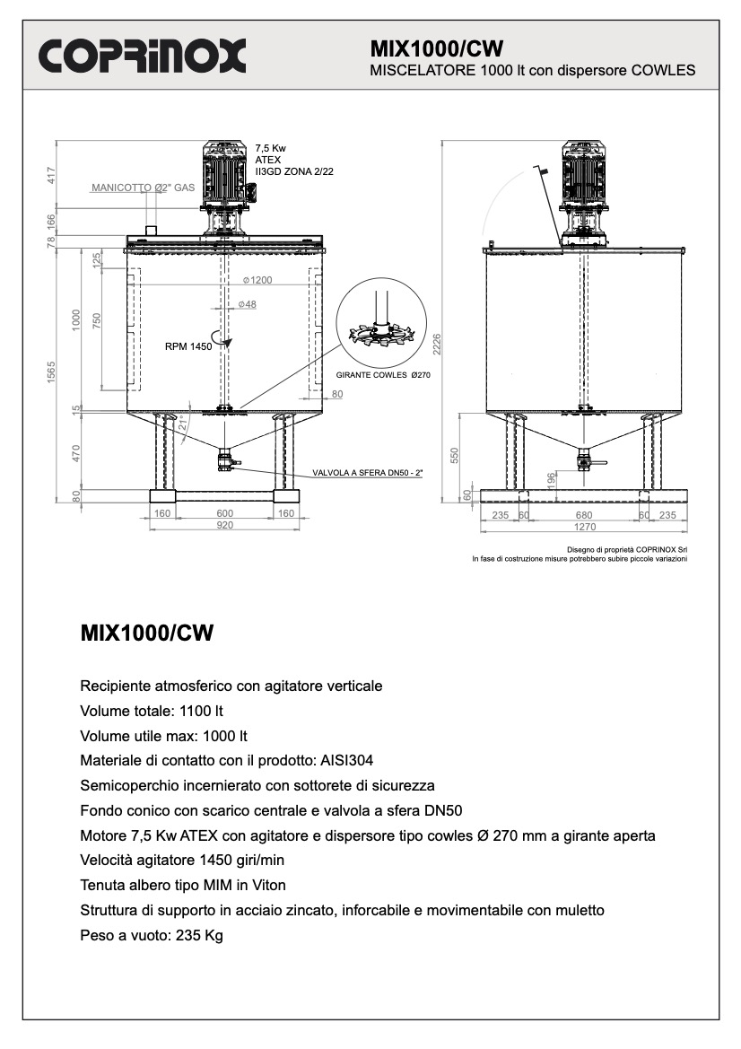 Coprinox MIX1000/CW miscelatore/dispersore cowles 1000 lt