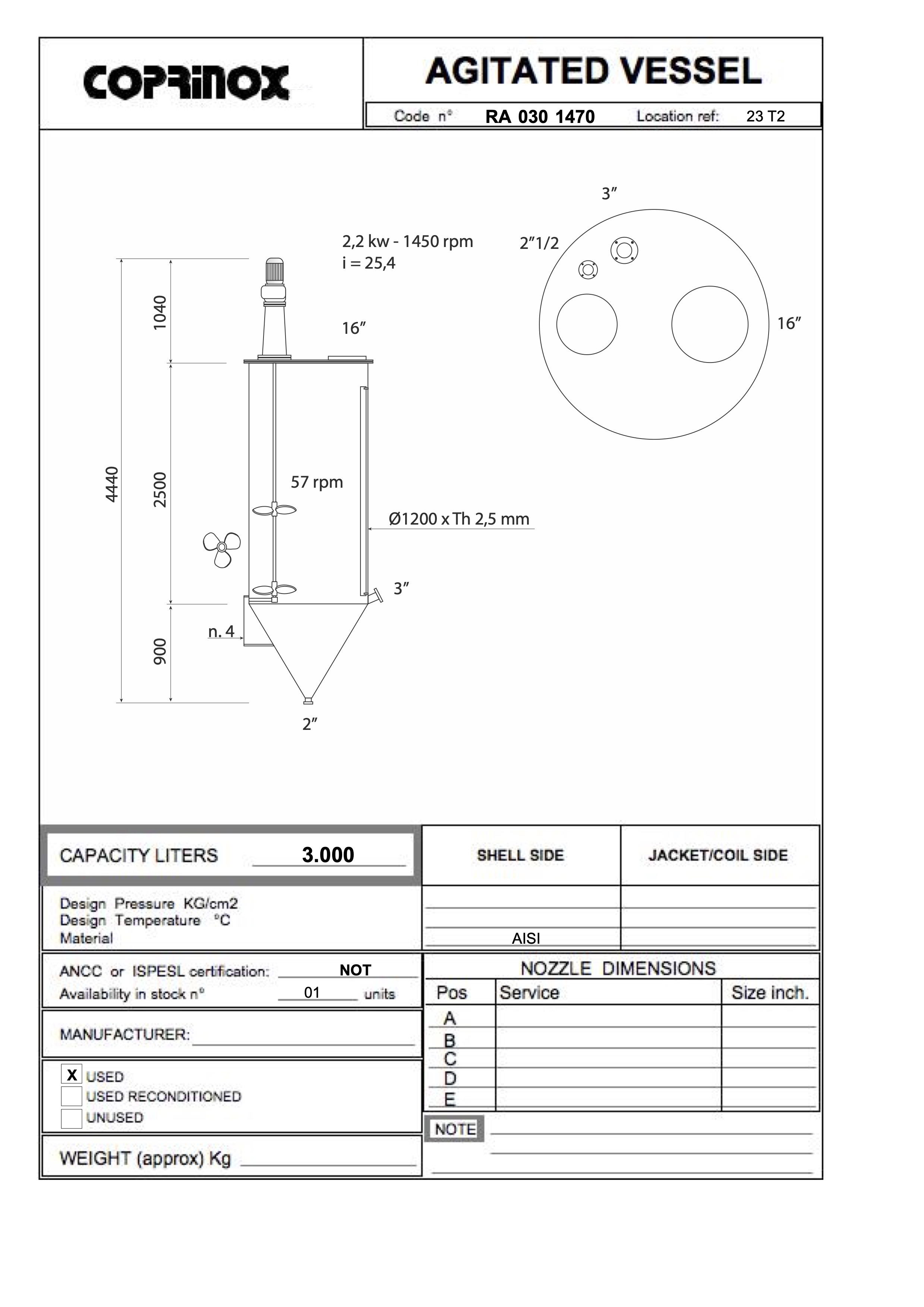Usato Recipiente agitato da 3.000 litri a fondo conico