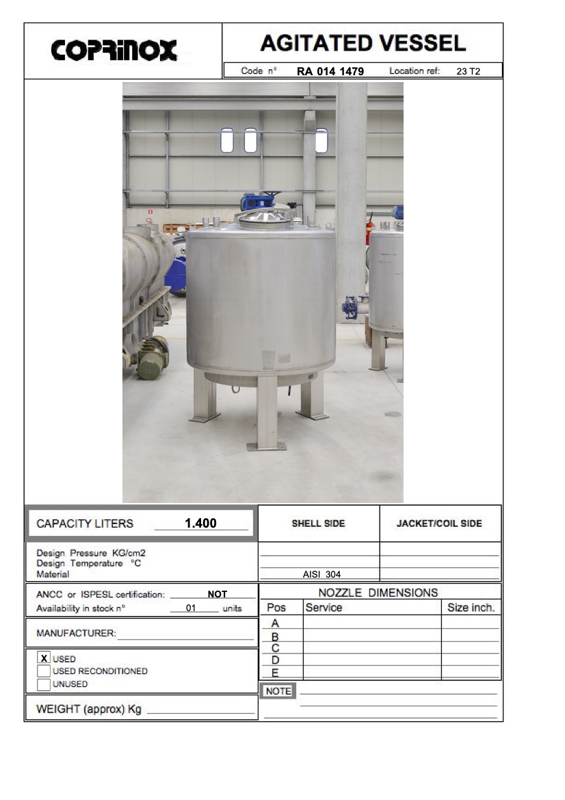 Usato Recipiente agitato da 1400 litri