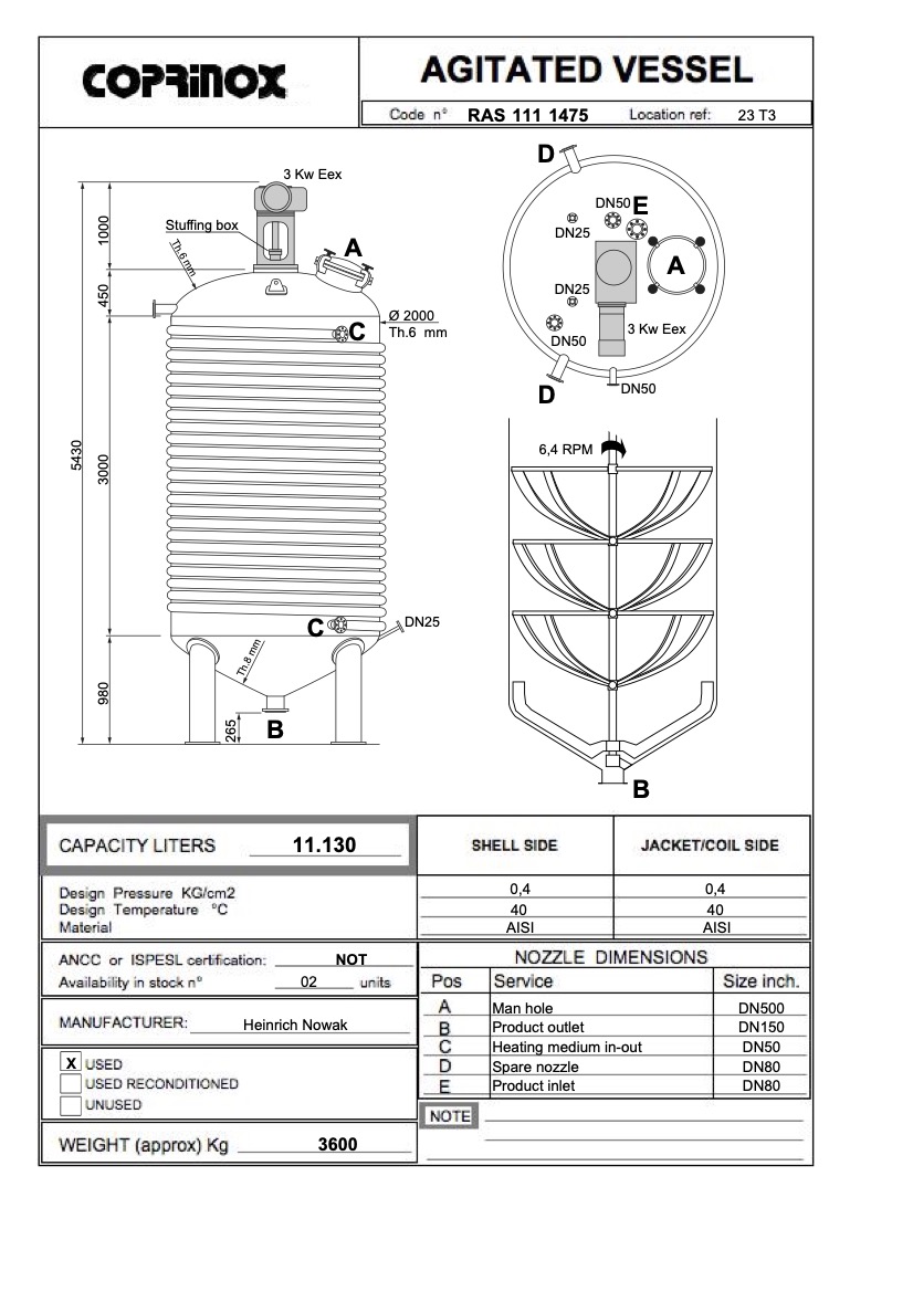 Usato Recipente agitato da 11.000 litri a fondo conico