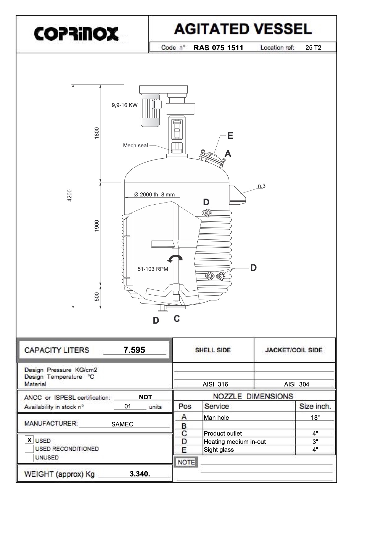 Usato Recipiente agitato incamiciato da 7.500 litri