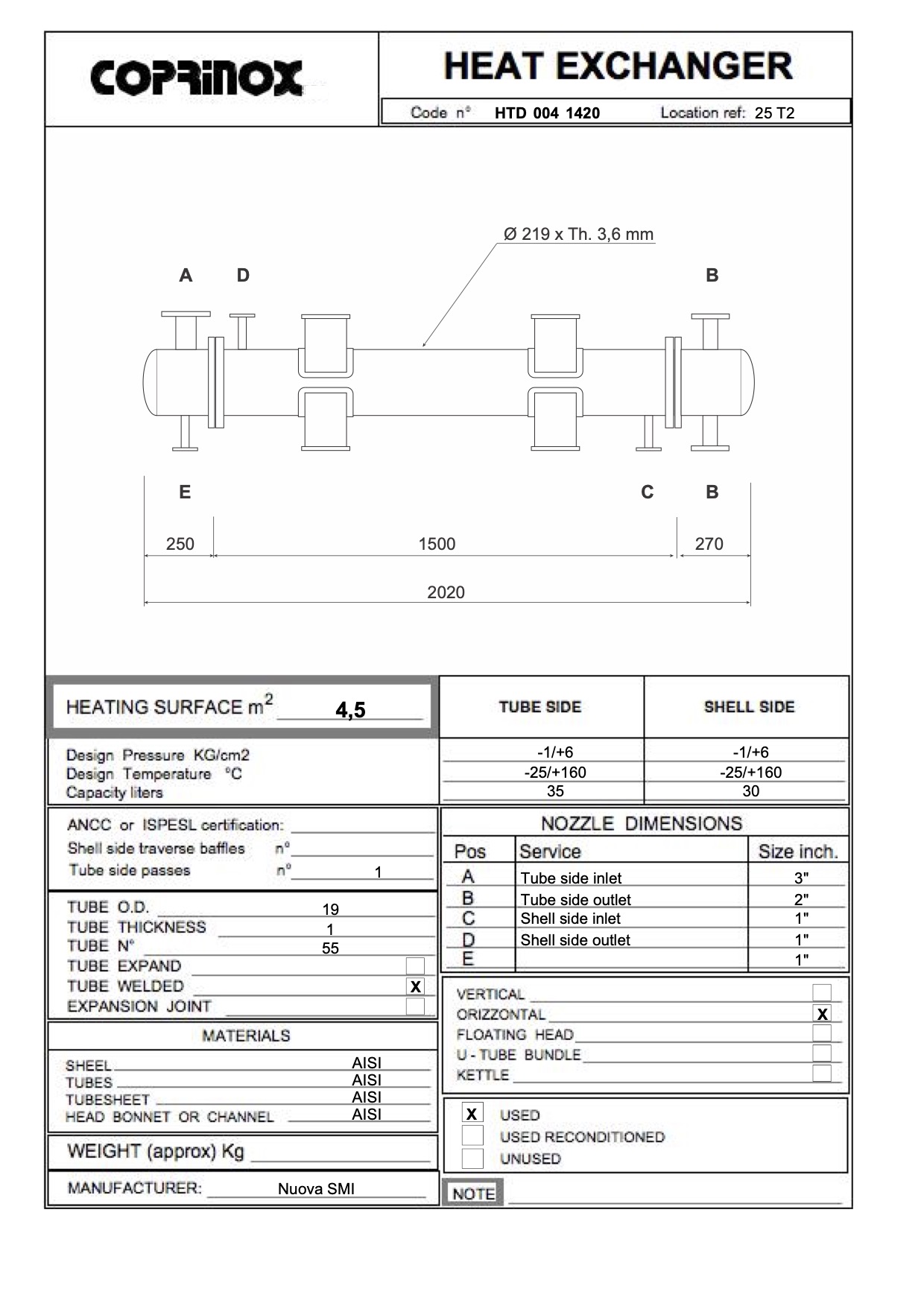 Usato Scambiatore NUOVA SMI 4,5 m2, AISI316L