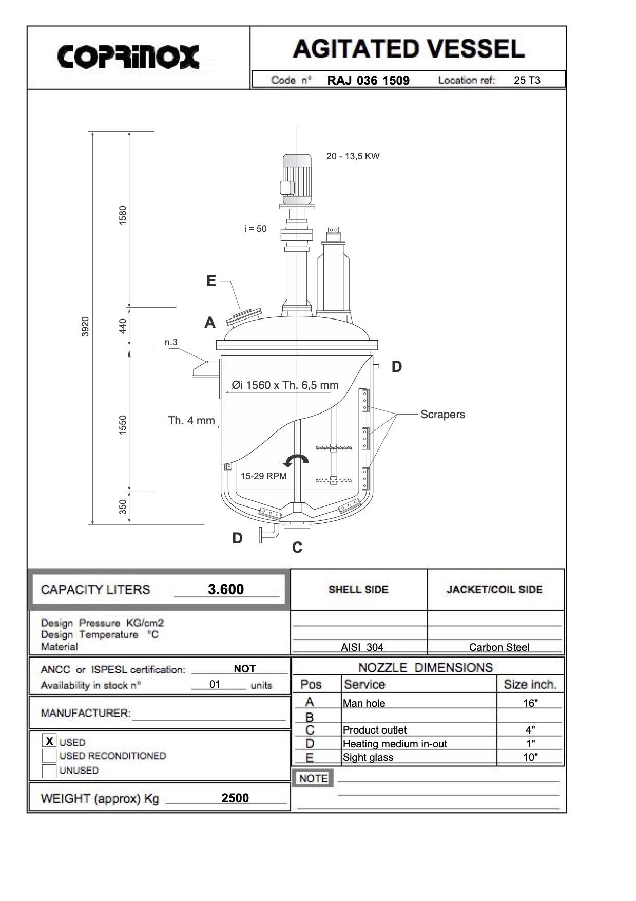 Usato Recipiente agitato incamiciato da 3.300 litri