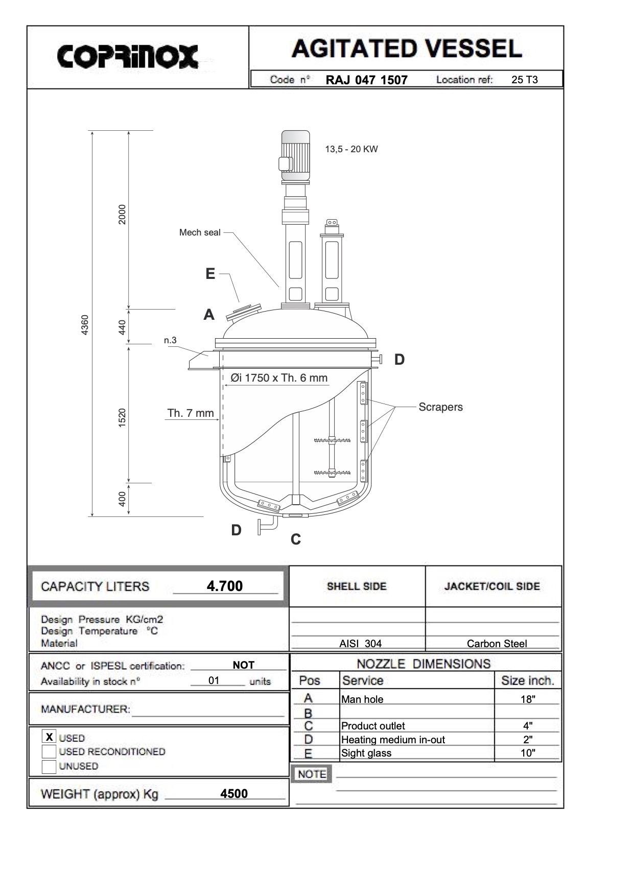 Usato Recipiente agitato incamiciato da 5.000 litri