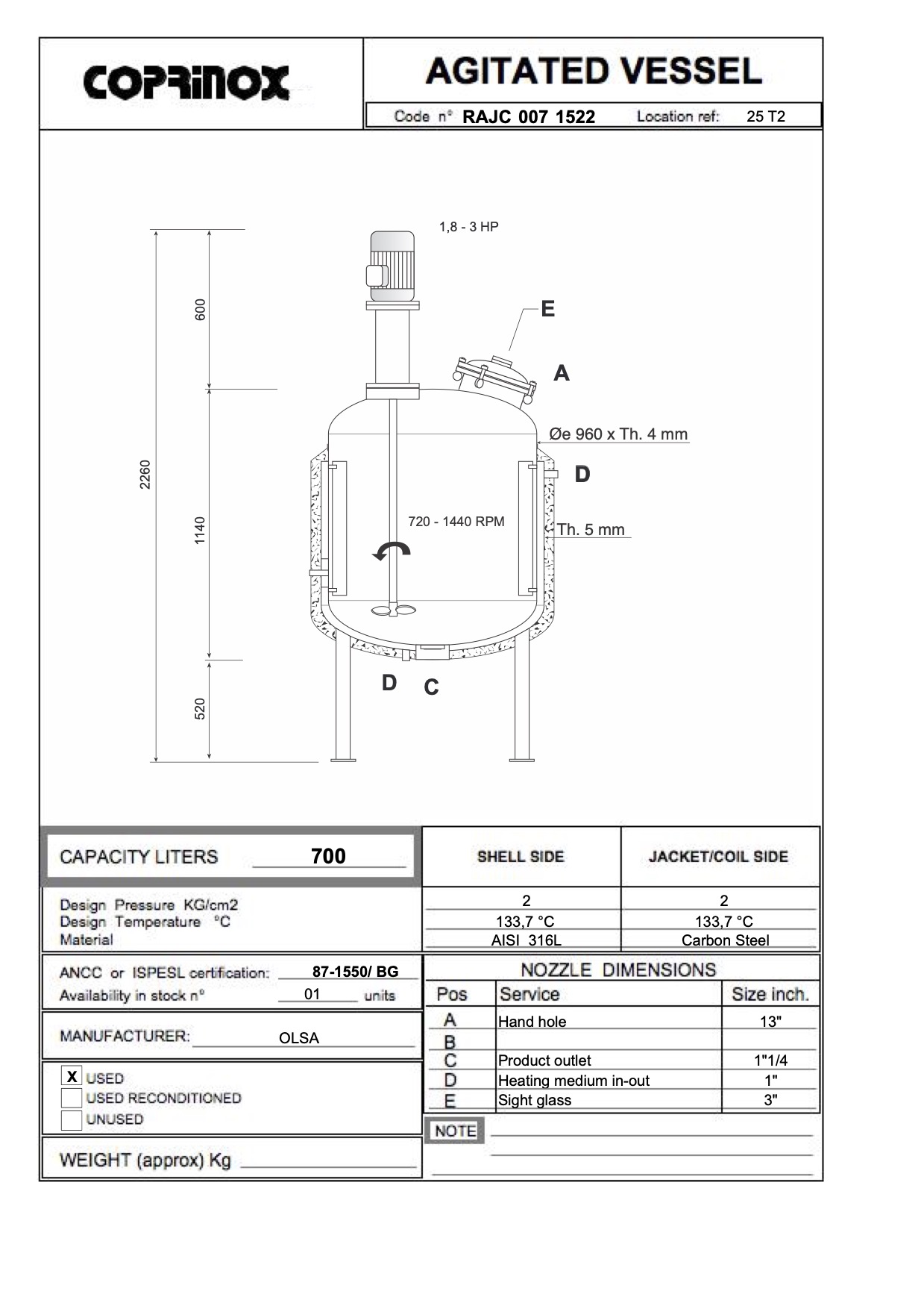 Usato Recipiente agitato da 700 litri con camicia