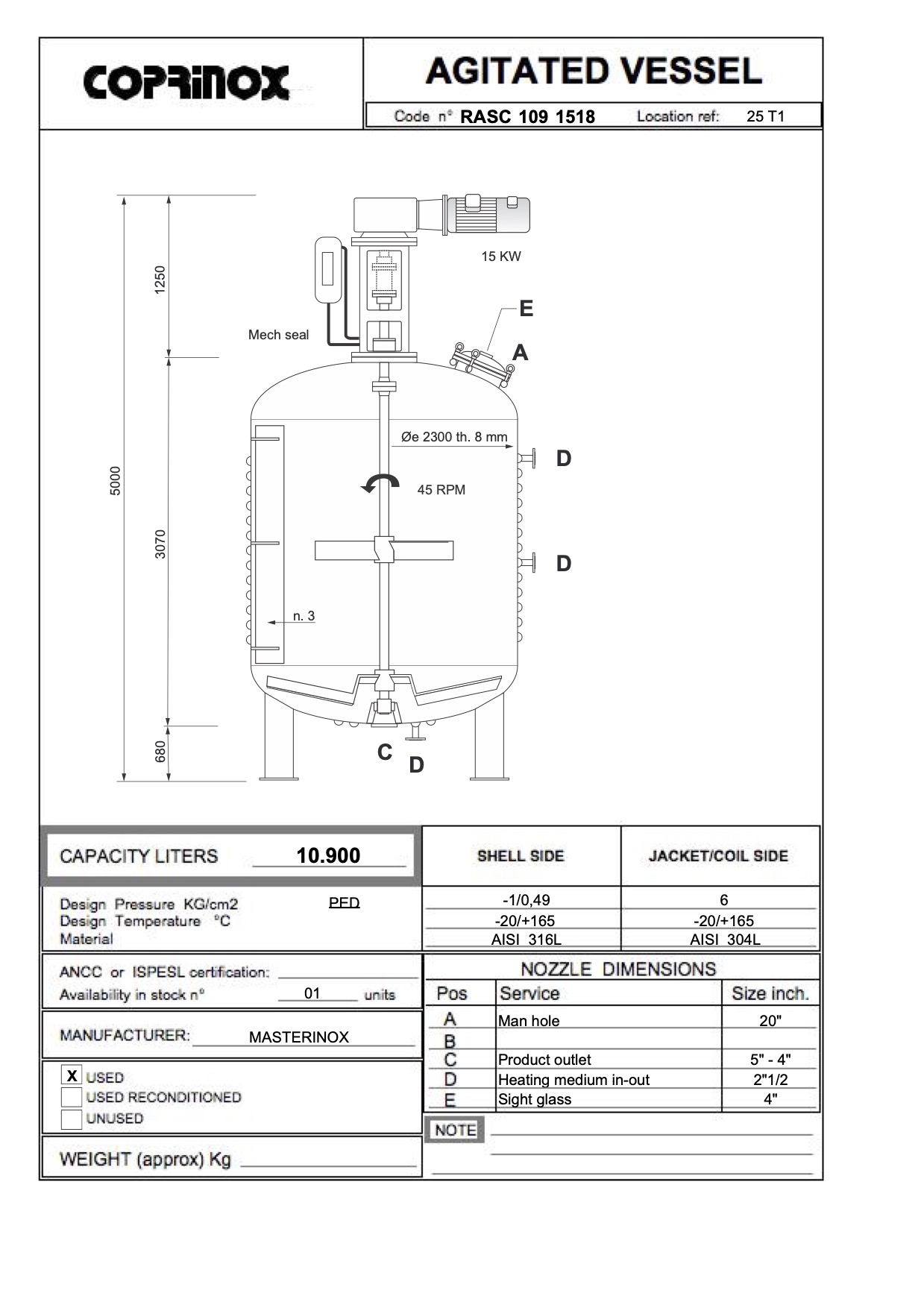 Usato Reattore da 10.900 litri con semitubo esterno