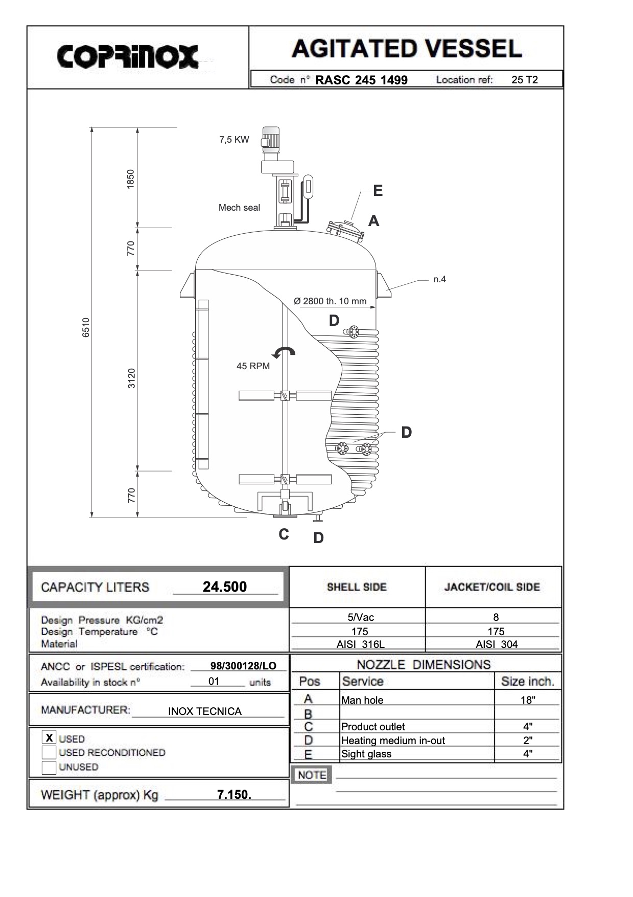 Usato Reattore INOX TECNICA da 24.500 litri con semitubo esterno
