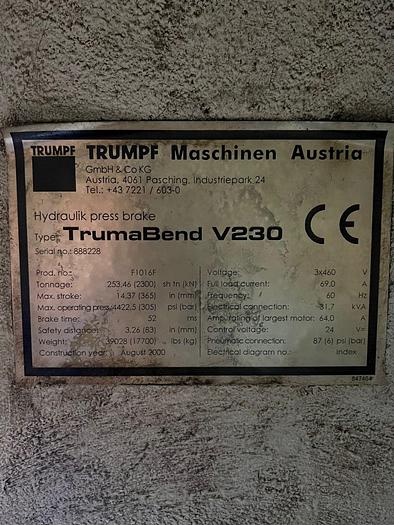 Used 2000 Trumpf TRUMPF 5-Axis TrumaBend V230 257 Ton Press Brake 144" Automatic Backguage R1, R2 Fingers
