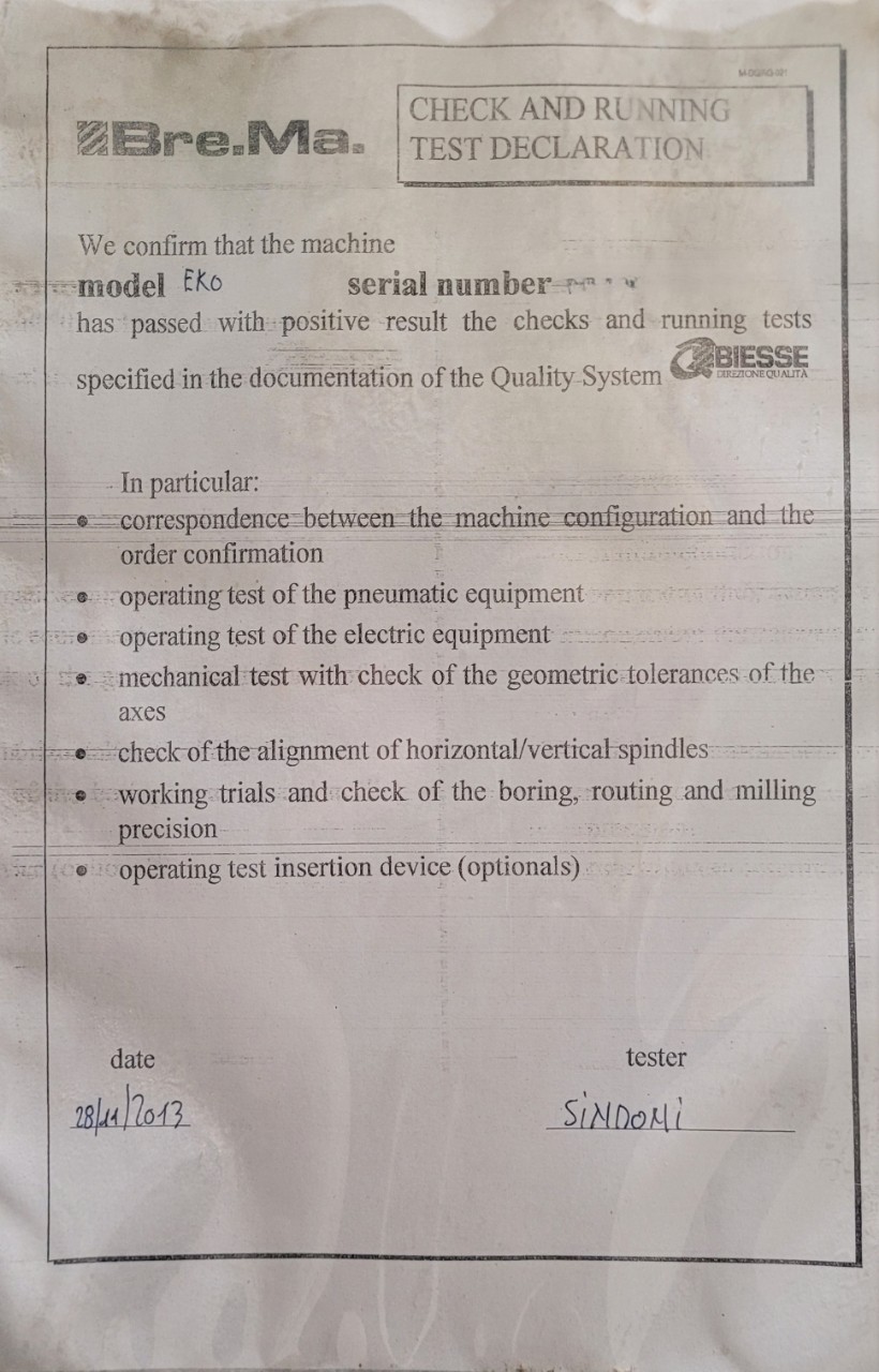 Used 2013 Biesse Bre.Ma. EKO 902 CNC Vertical Drilling and Dowel Inserting Machine