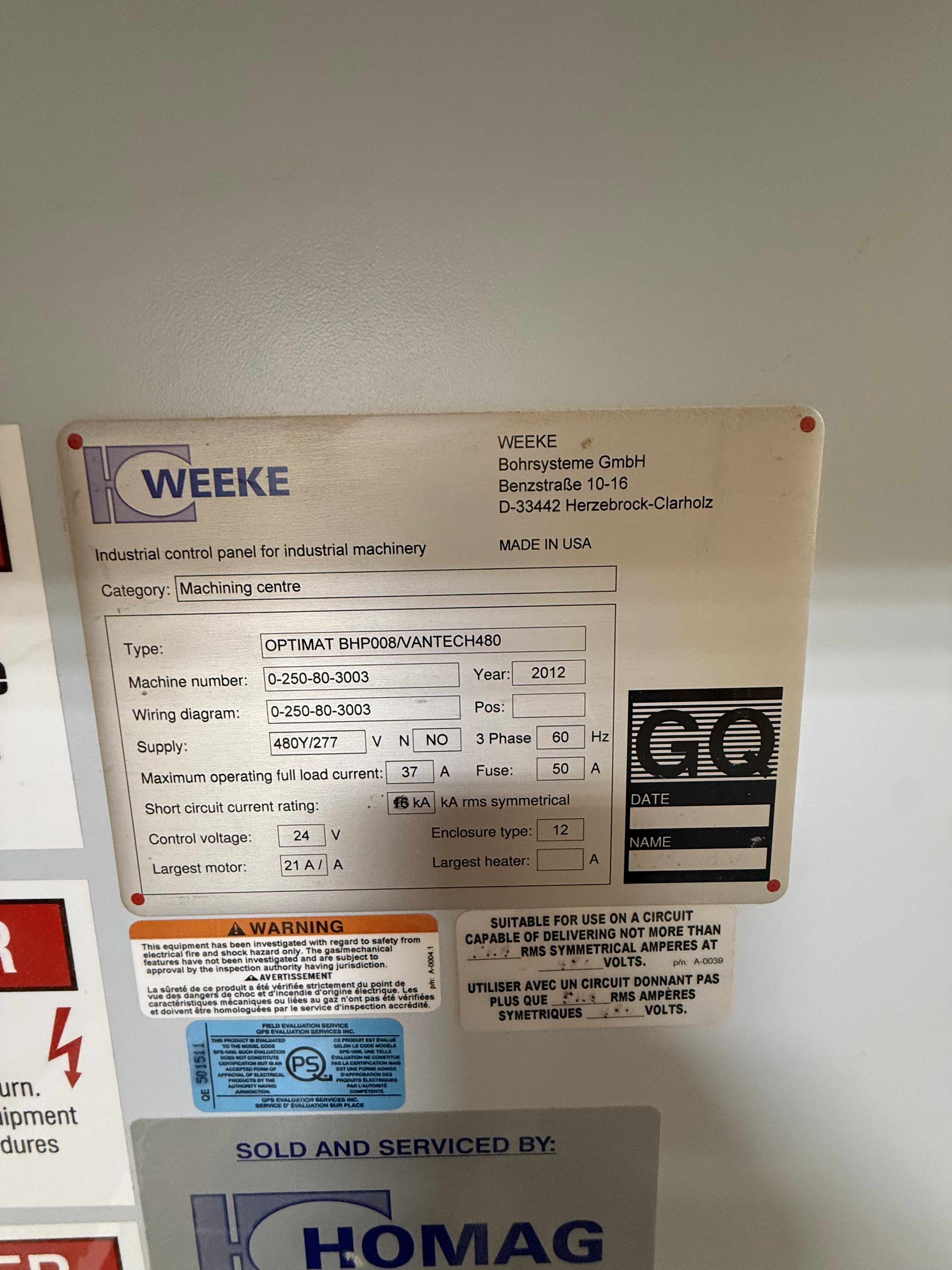 Used 2012 Homag Optimat BHP008 Vantech 480 4' x 8'