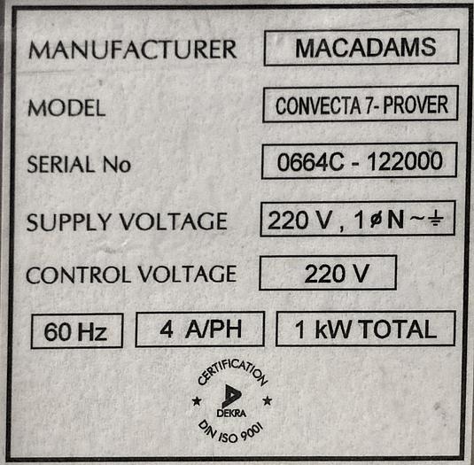 Used USED MacAdams Convection Oven/Proofer Combination, Models CONVECTA7 and CONVECTA7-PROVER