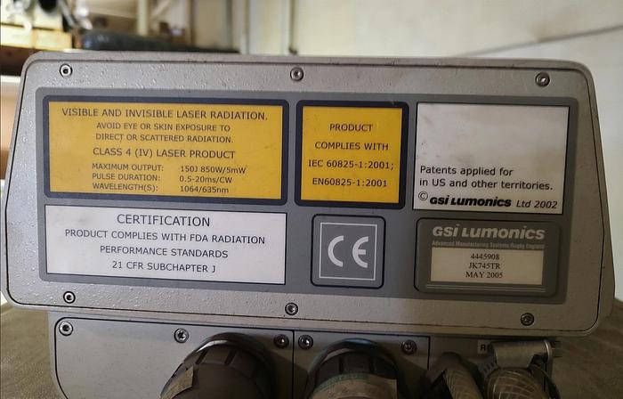 Used ROBOTIC LASER CELL, USING AN ABB IRB 2400 robot / 2005 GSI Lumonics JK745TR nd Yag laser rated at 150J / 850 watts.ONLY 744 HOURS!